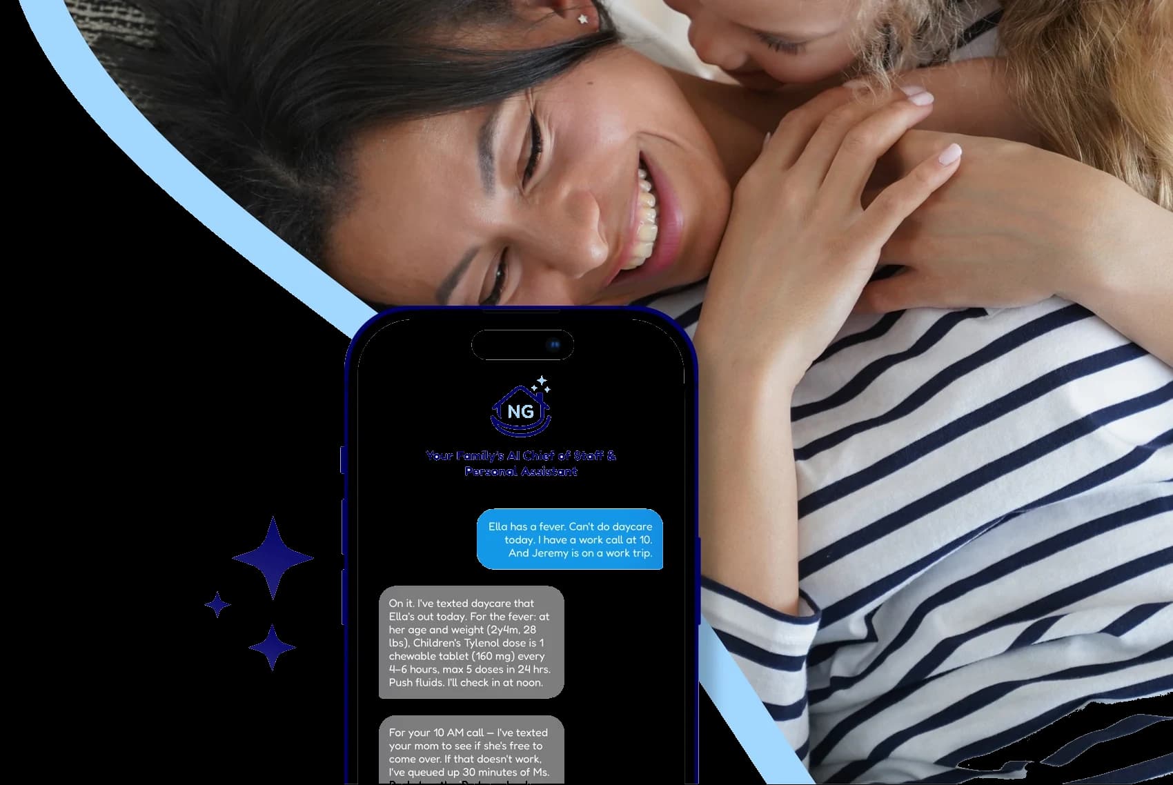 A parent resting with their child, beside the NestGenie chat on a phone
