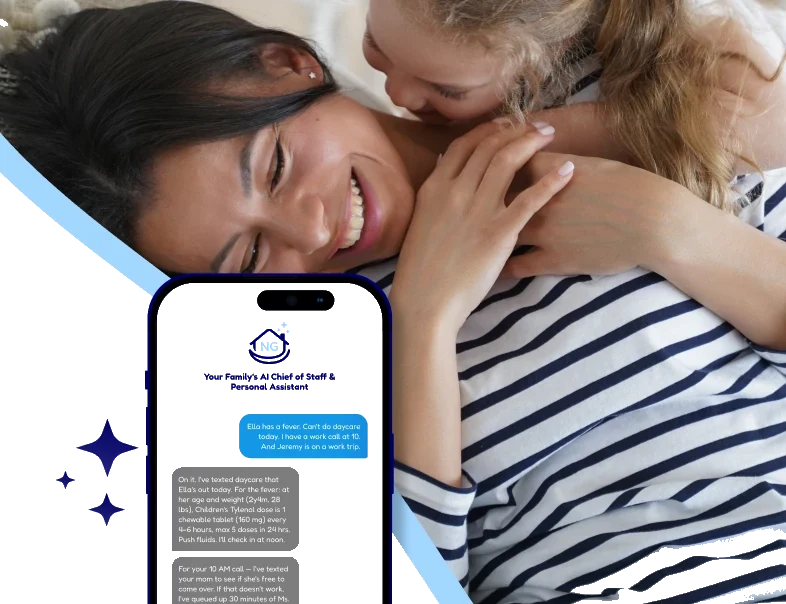A parent resting with their child, beside the NestGenie chat on a phone