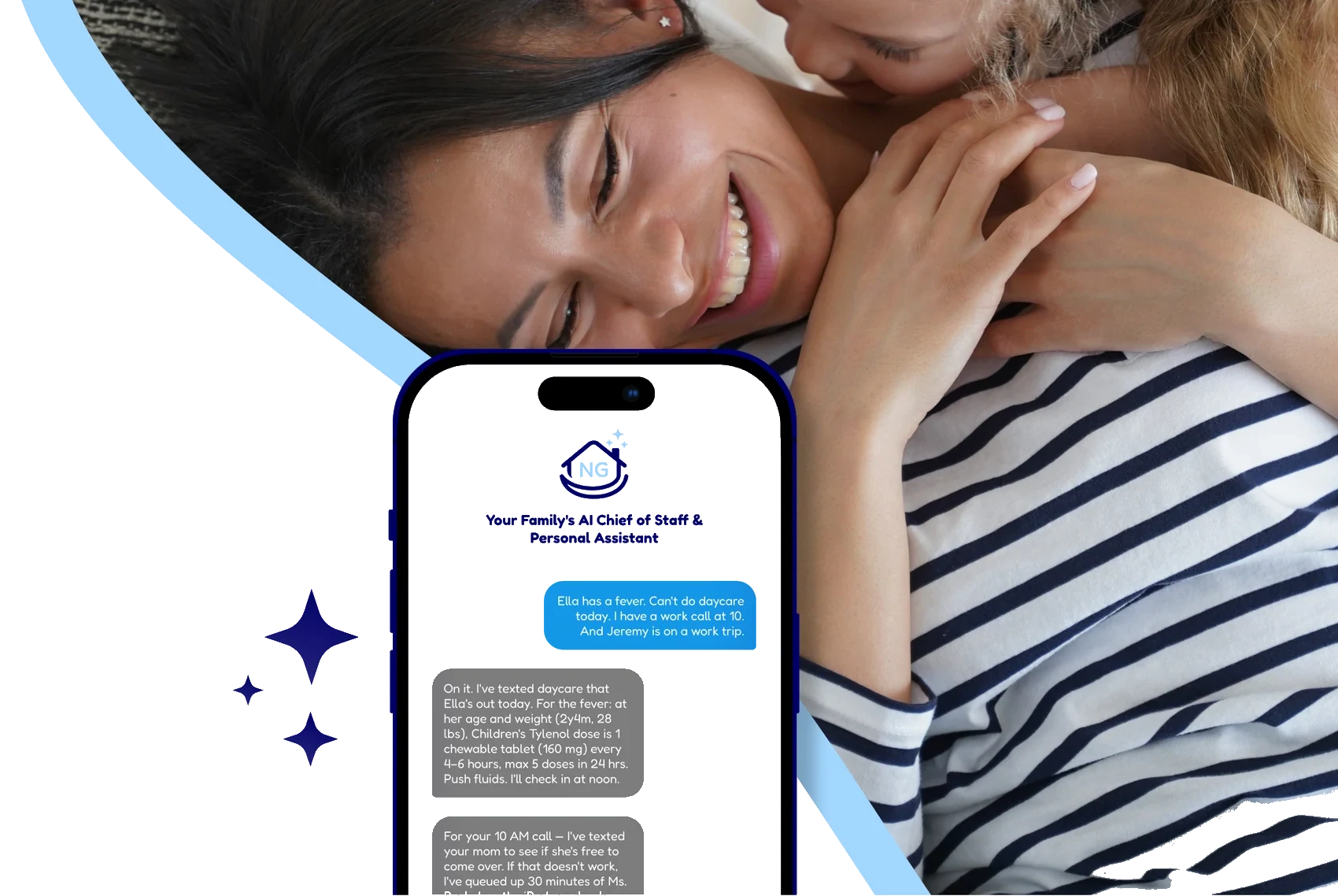 A parent resting with their child, beside the NestGenie chat on a phone